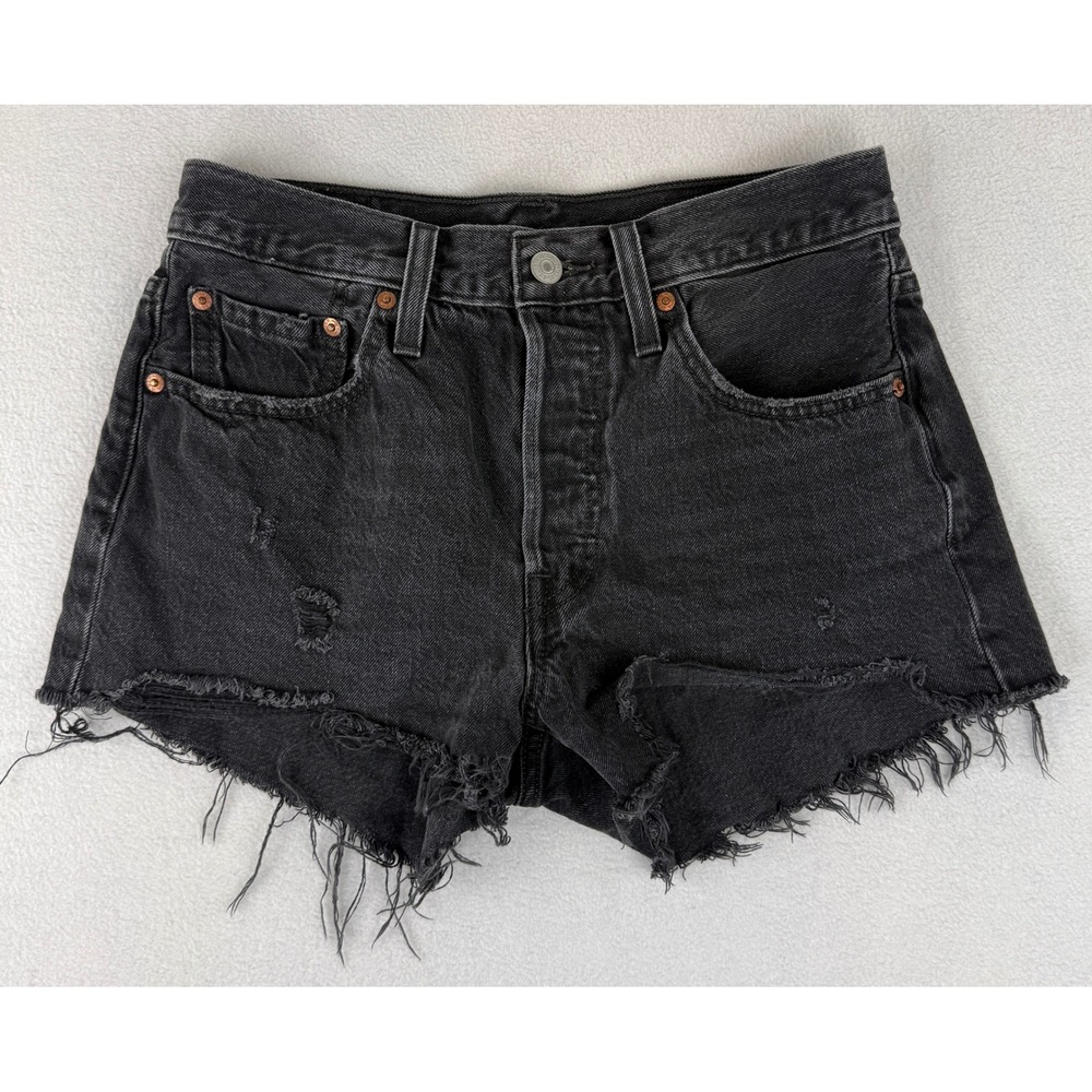 Levi's 501 Original Denim Shorts Womens Sz 27 Black Distressed Cut Off High Rise